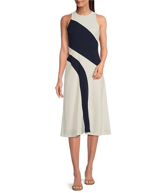 Maggy London Scuba Crepe Placement Print Crew Neck Sleeveless Sheath Midi Dress Product Image
