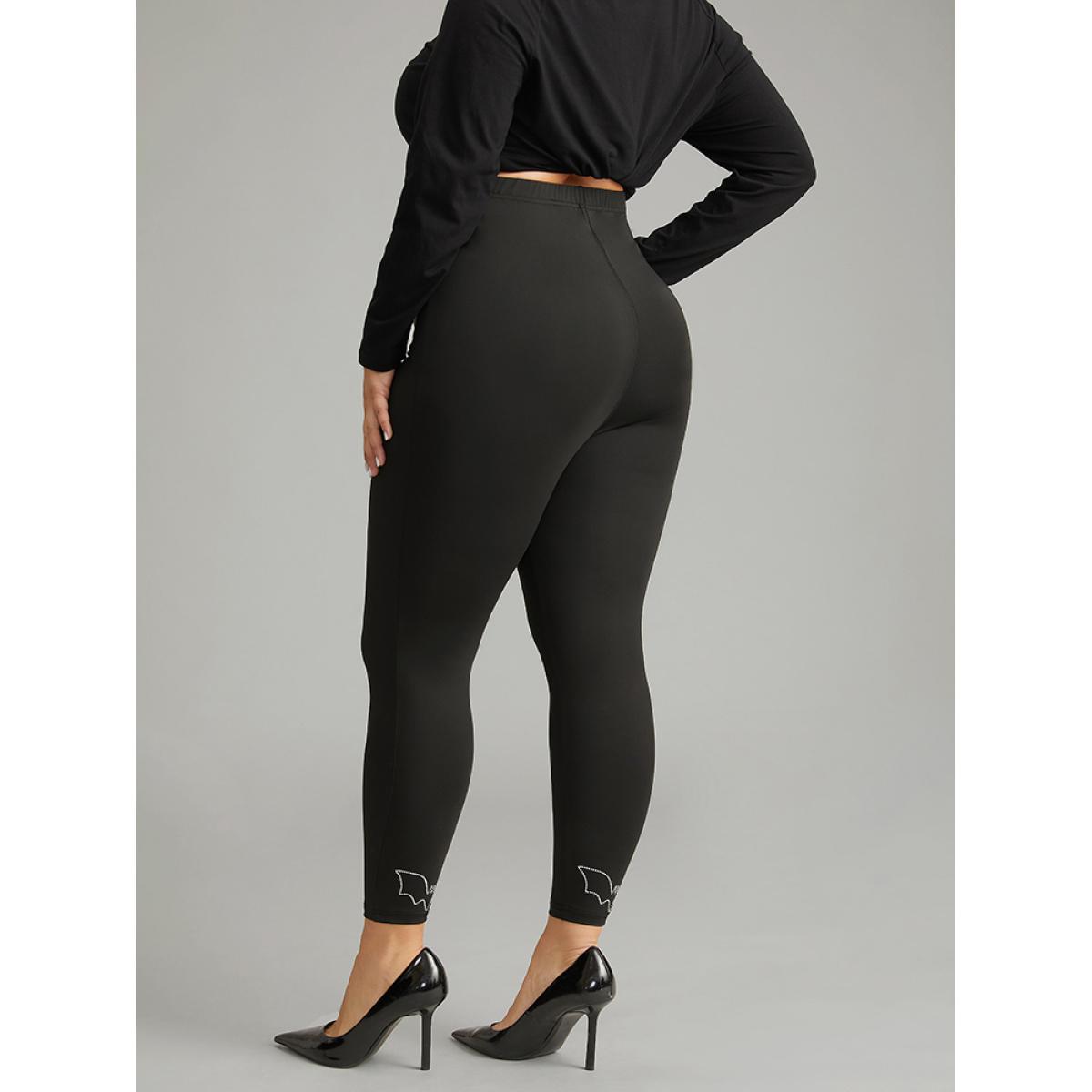 Plus Size Stretchy-Fit Rhinestone Elastic Waist Leggings Women Black Elegant High stretch Skinny High Rise Dailywear Leggings BloomChic 18-20/2X Product Image