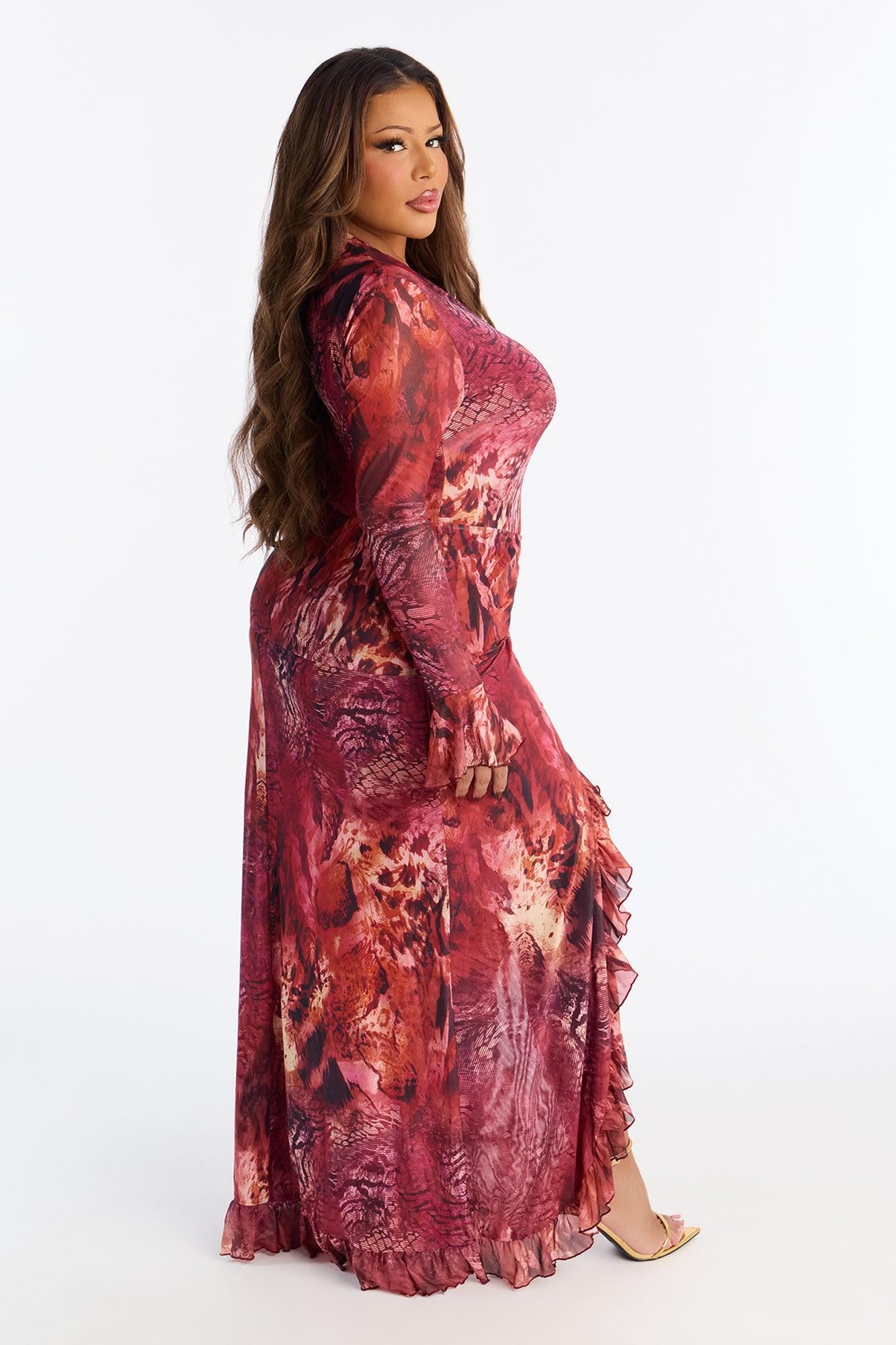Sweet Vibe Long Sleeve Mesh Maxi Dress - Wine/combo Female Product Image