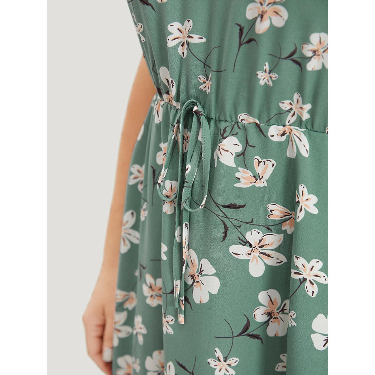Plus Size Floral Elastic Waist Notched Pocket Ruffles Halter Dress Mint Women Elegant Patchwork Halter neck Sleeveless Curvy Knee Dress BloomChic 30/6X Product Image