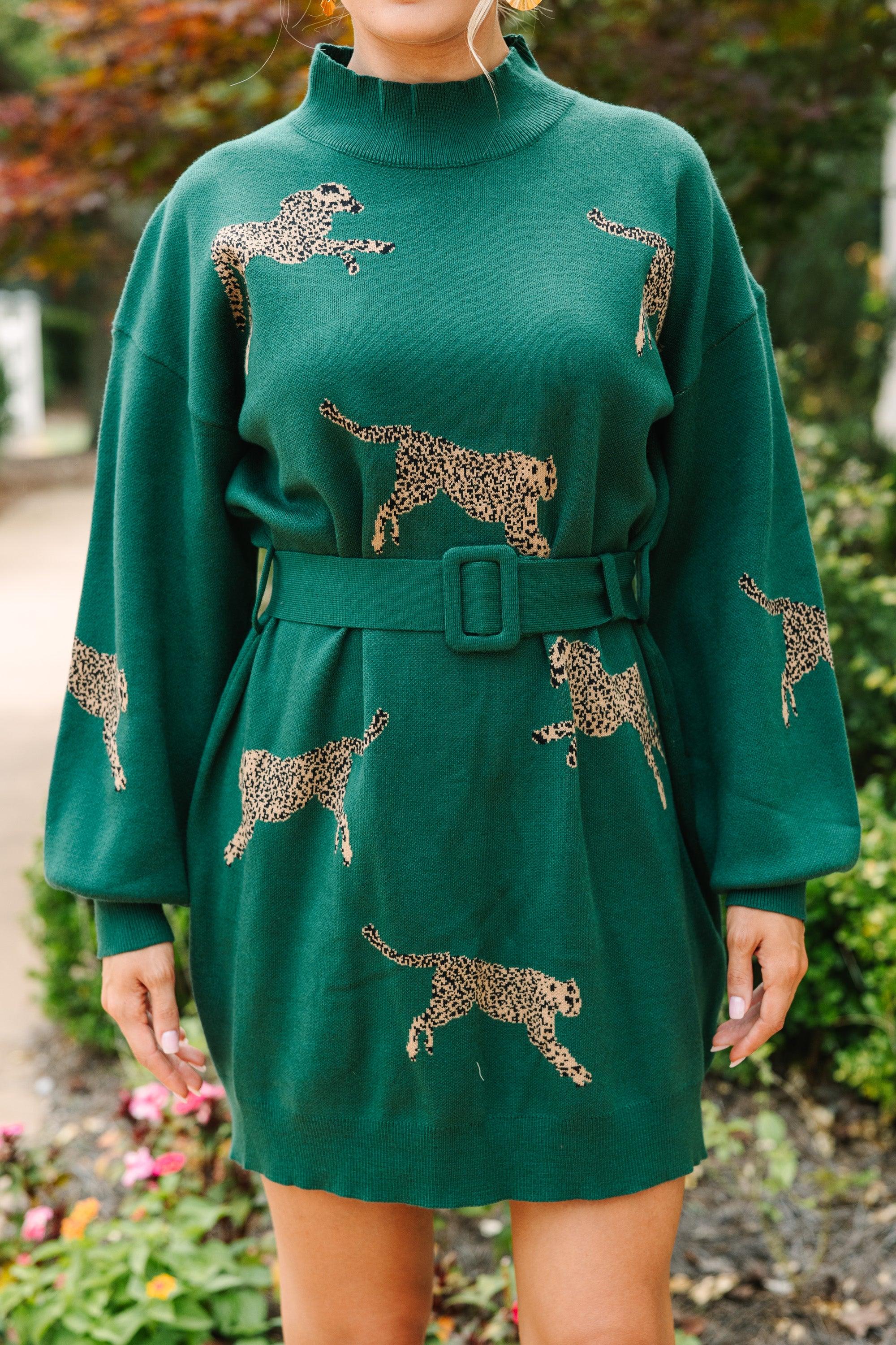 Quick Decisions Hunter Green Cheetah Sweater Dress Female Product Image