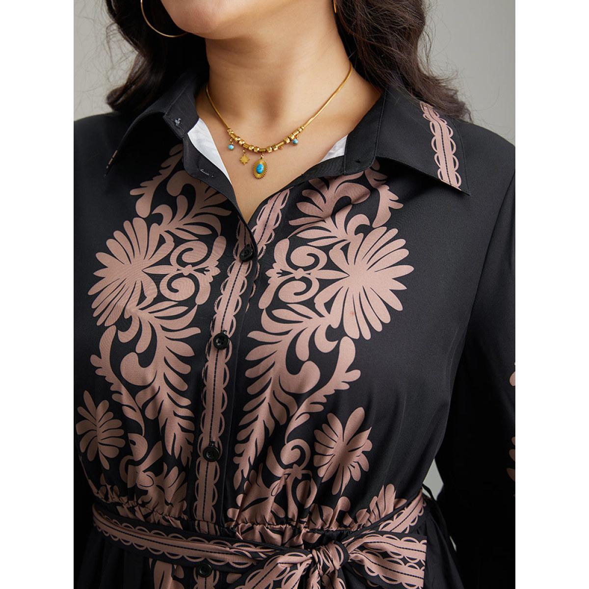 Plus Size Boho Print Shirt Collar Belted Dress Black Women Vacation Belted Shirt collar Long Sleeve Curvy Midi Dress BloomChic 28/5X Product Image