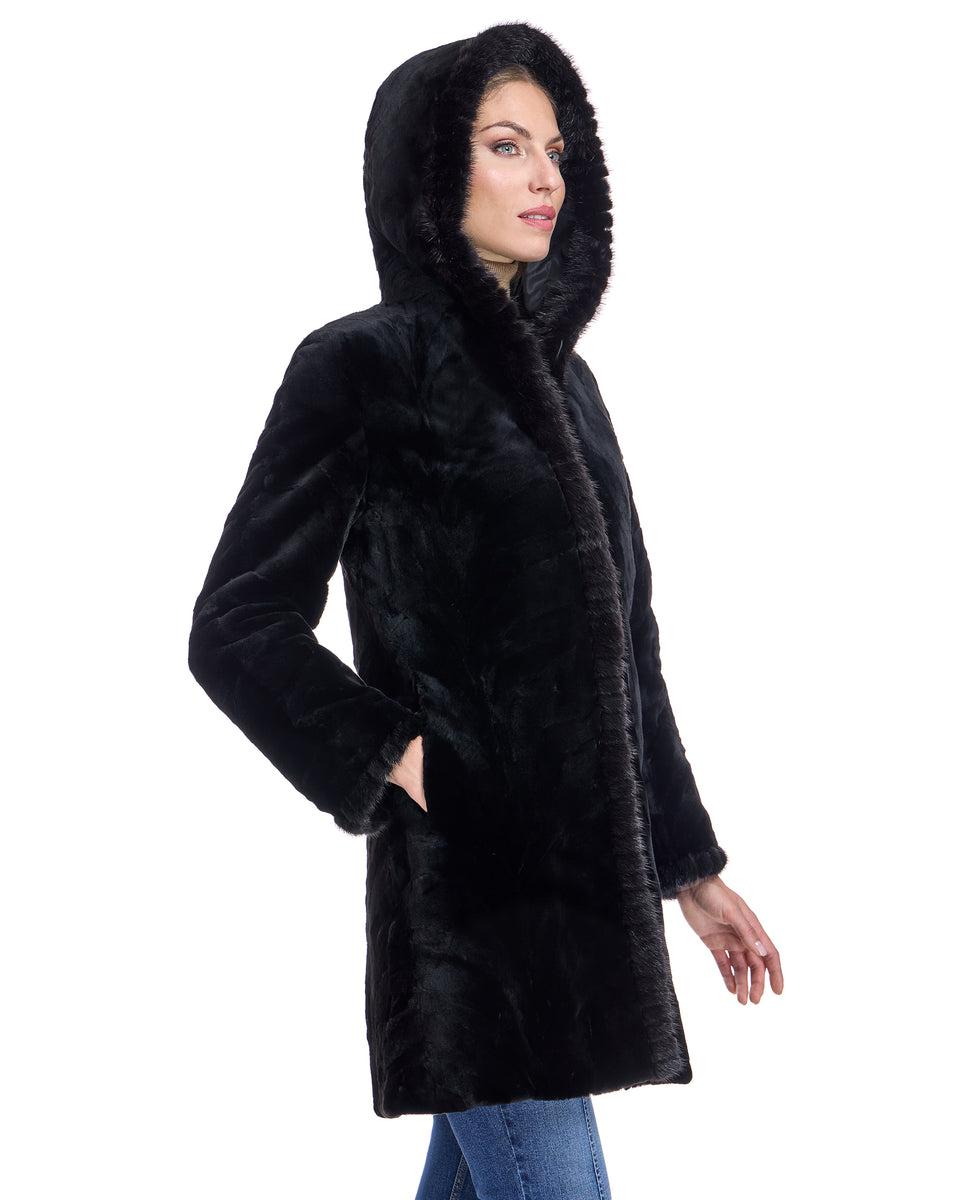 Reversible Sheared Mink Sections Coat with Long Hair Trims Product Image