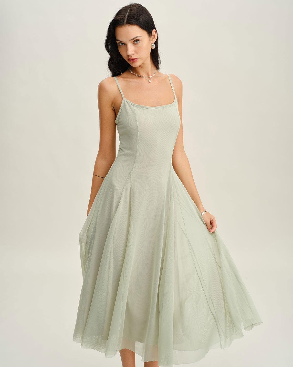 Green A-Line Slip Pleated Midi Dress Product Image