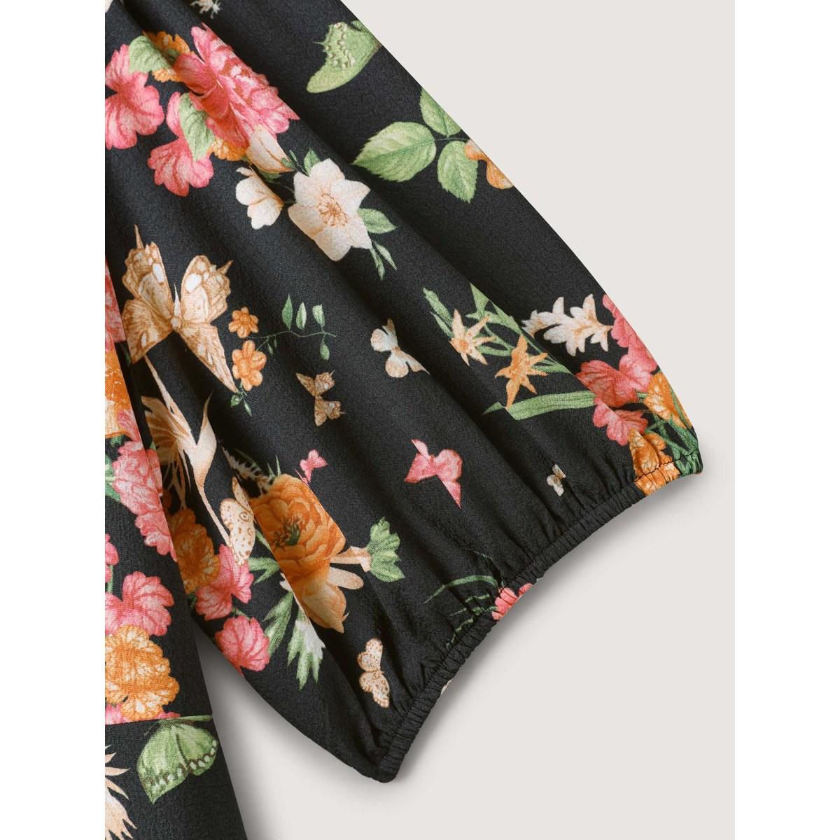 Plus Size Sweet Floral Print Puff Sleeve Midi Dress Black Women Non Short sleeve Curvy BloomChic 28/5X Product Image