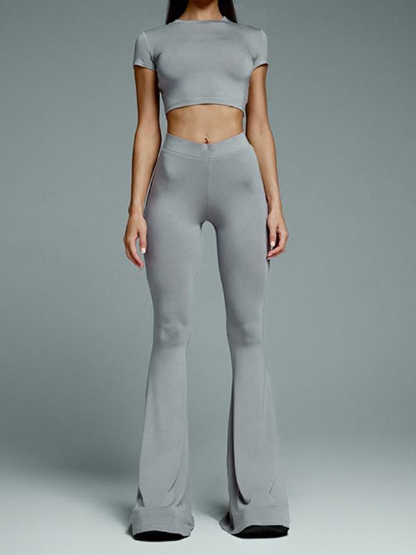 Solid Cropped Short Sleeve Tee & High Rise Flared Pants Set Product Image