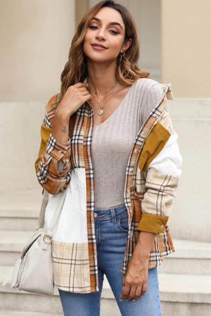 Plaid Color Block Patchwork Shirt Jacket with Pocket Product Image