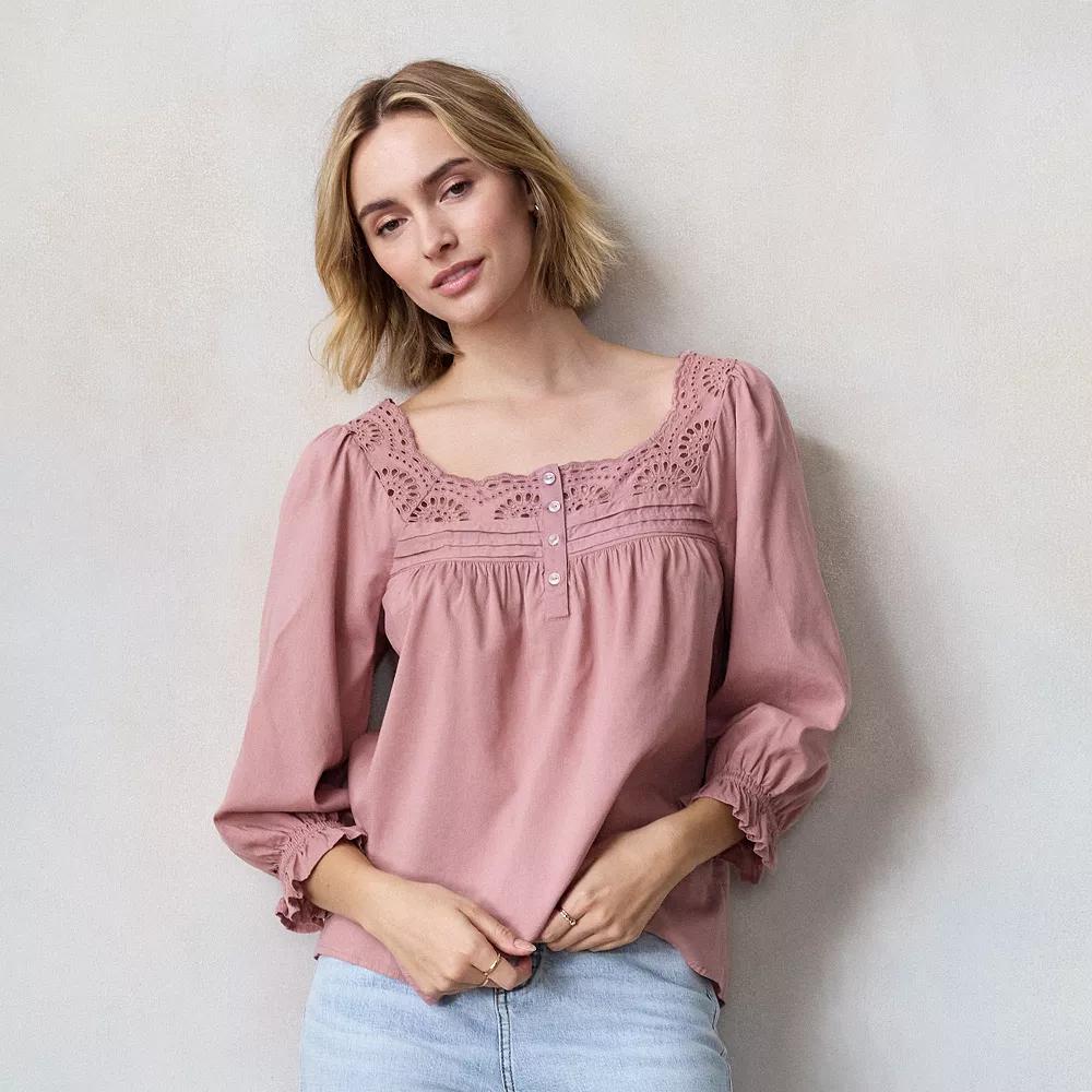 Women's LC Lauren Conrad Henley Puff Sleeve Peasant Top, Size: XL, Purple Silk Product Image