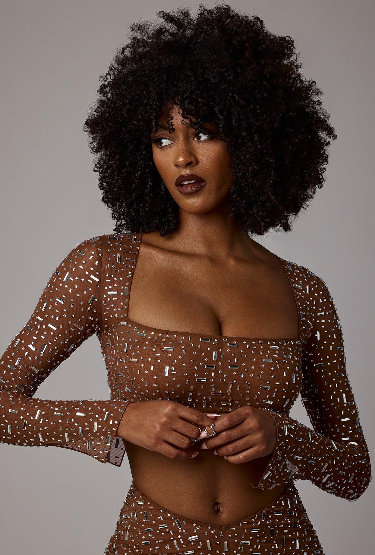 Sheer Embellished V Waist Mini Skirt in Mocha Product Image