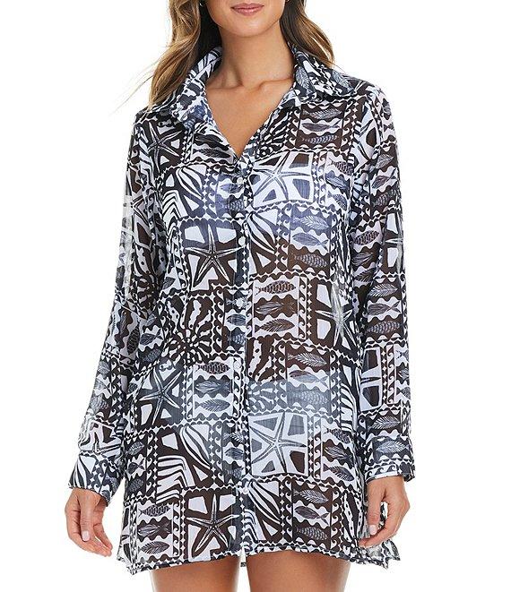 Bleu Rod Beattie Catch Of The Day Printed Chiffon Point Collar Button Front Shirt Dress Swim Cover-Up Product Image