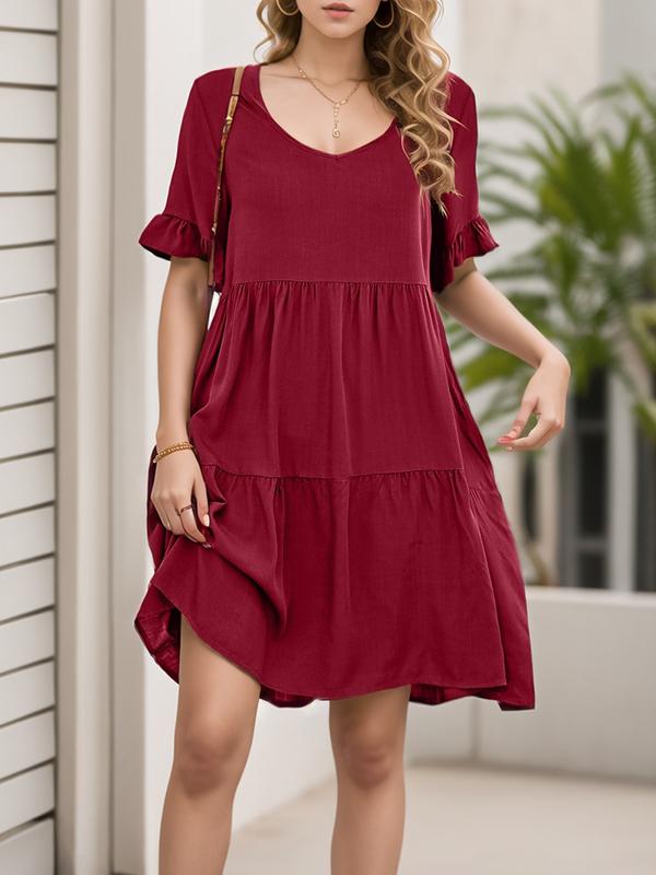 A-Line Flared Sleeves Pleated Pockets Ruffled Solid Color Split-Joint Round-Neck Mini Dresses Product Image