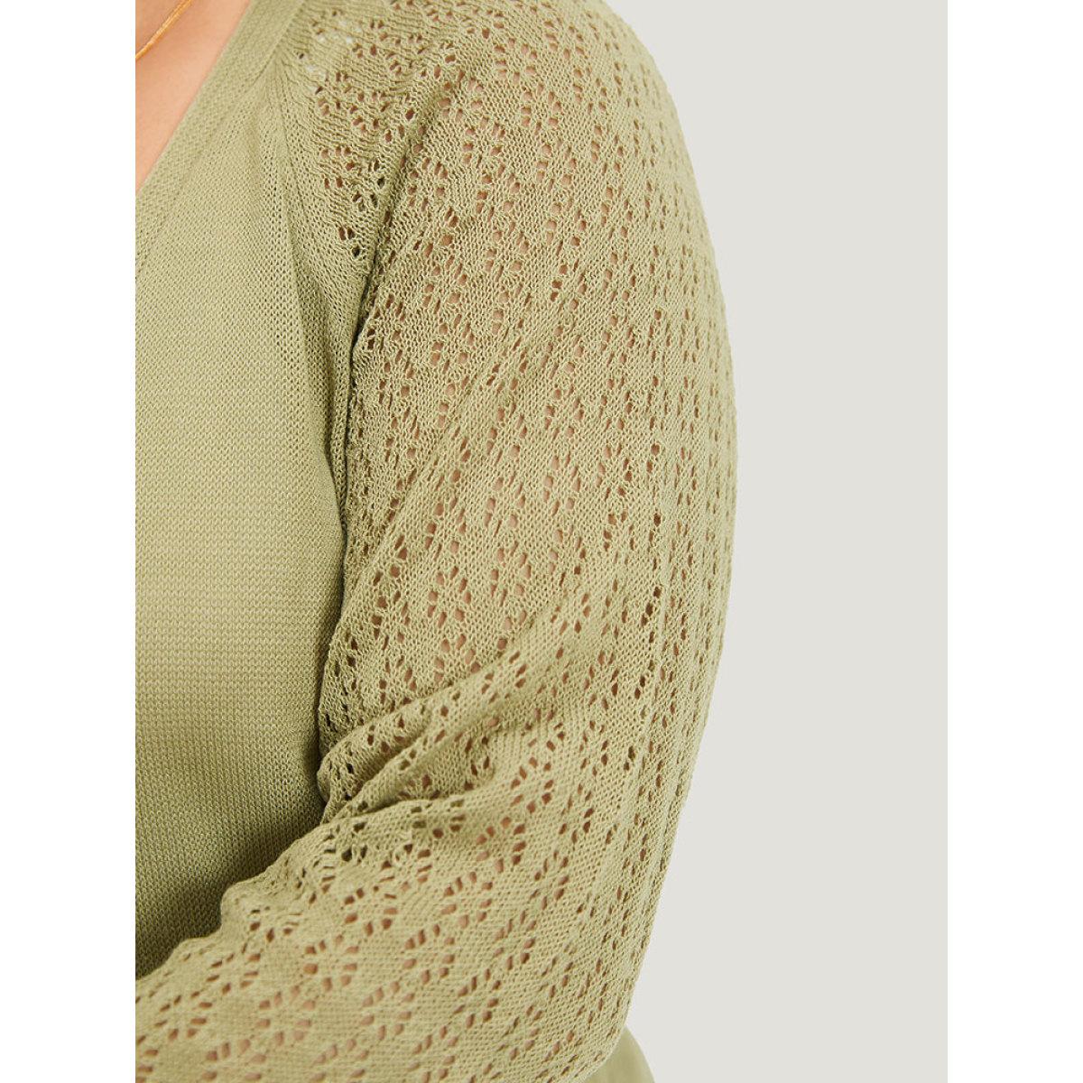 Plus Size Solid Patched Pocket Geometric Eyelet Raglan Sleeve Cardigan Olive Women Casual Loose Long Sleeve Dailywear Cardigans BloomChic 10/M Product Image