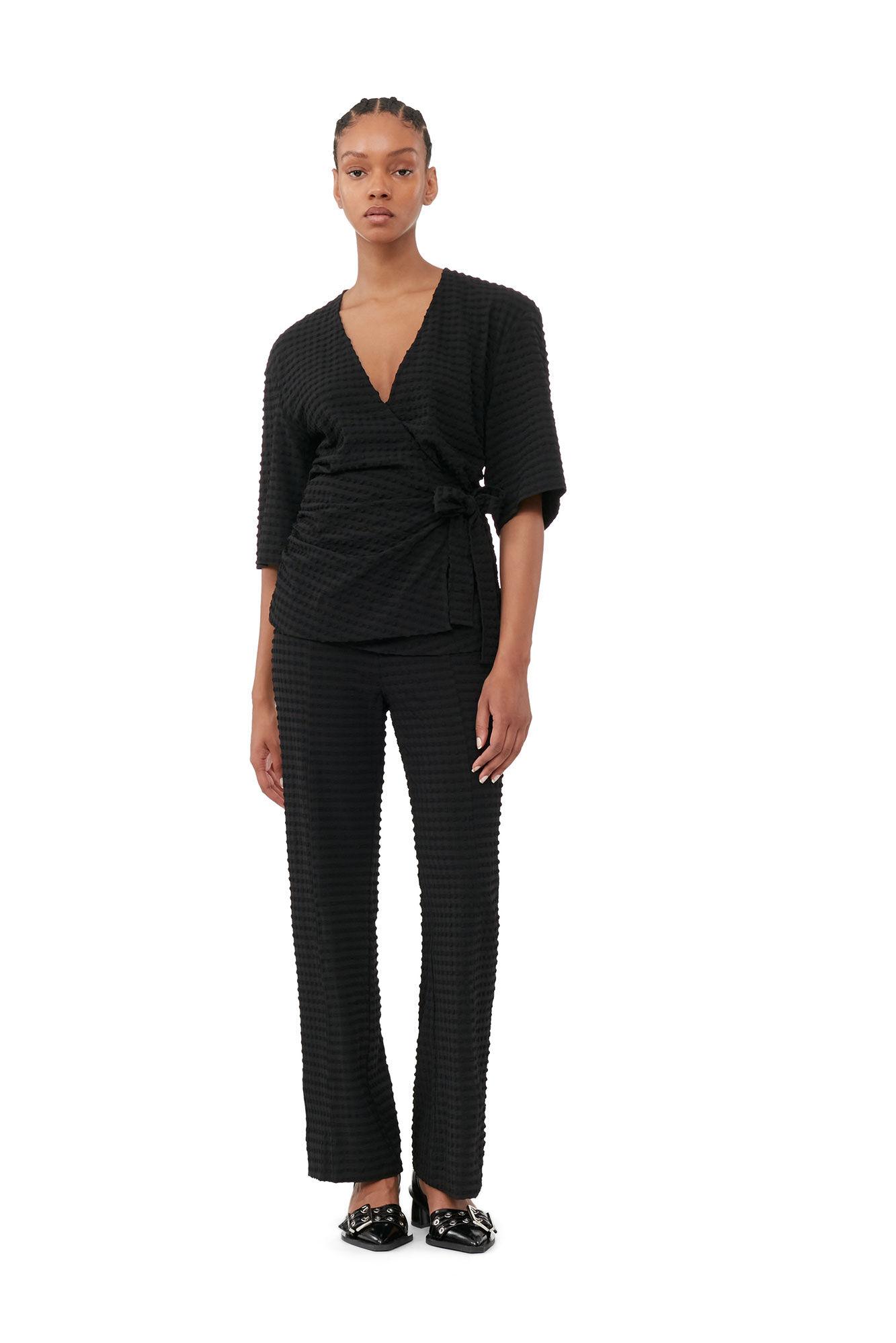 Black Stretch Seersucker Wrap Blouse Product Image