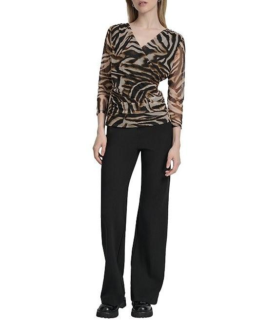 DKNY by Donna Karan Animal Printed Mesh 3/4 Sleeve Faux Wrap Top Product Image