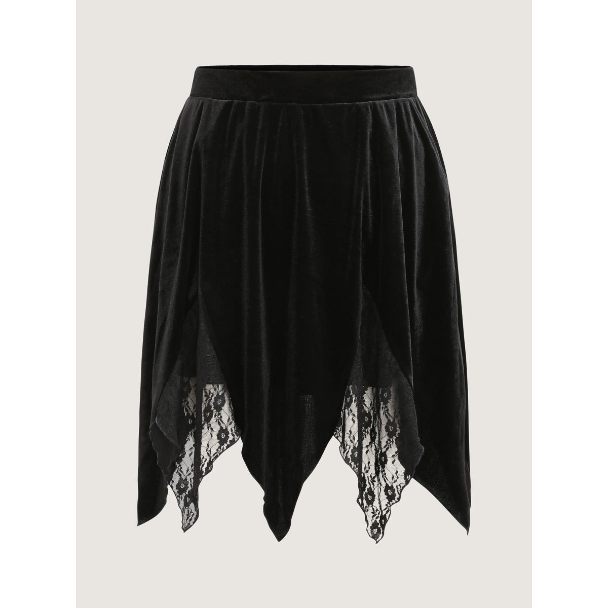 Plus Size Handkerchief Hem Lace Trim Midi Skirt Women Black Romantic Patchwork Bodycon Low stretch Slanted pocket Elegant Skirts BloomChic 18-20/2X Product Image