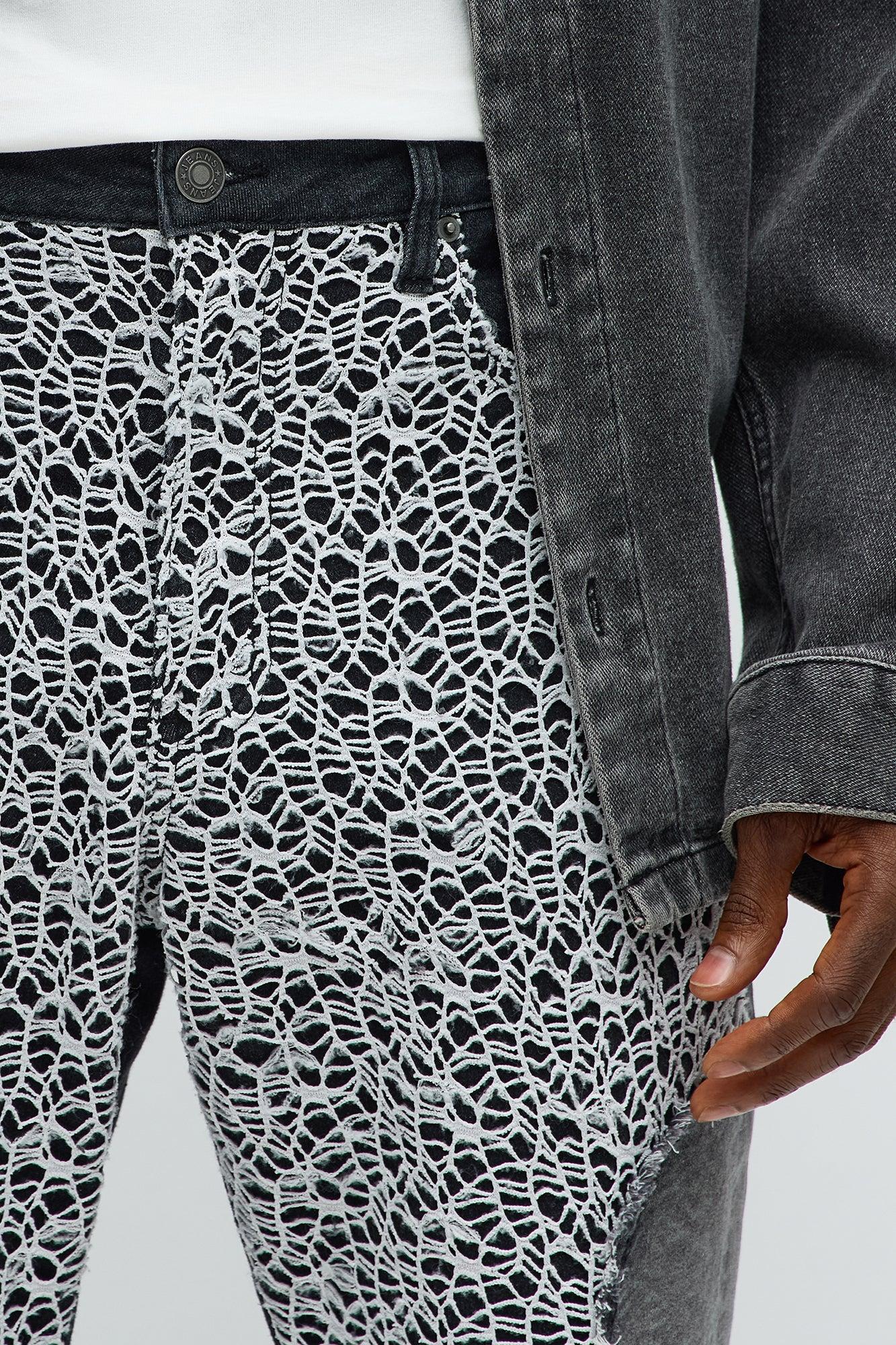 Stacked Slim Flare Burnout Laced Distressed Jeans - Black/combo Product Image