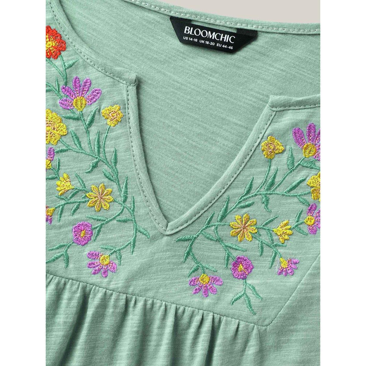 Plus Size Pure Cotton Embroidered Pleated T-Shirt Greenbean Women Boho Gathered Flat collar with V-notch Vacation T-shirts BloomChic 26/4X Product Image