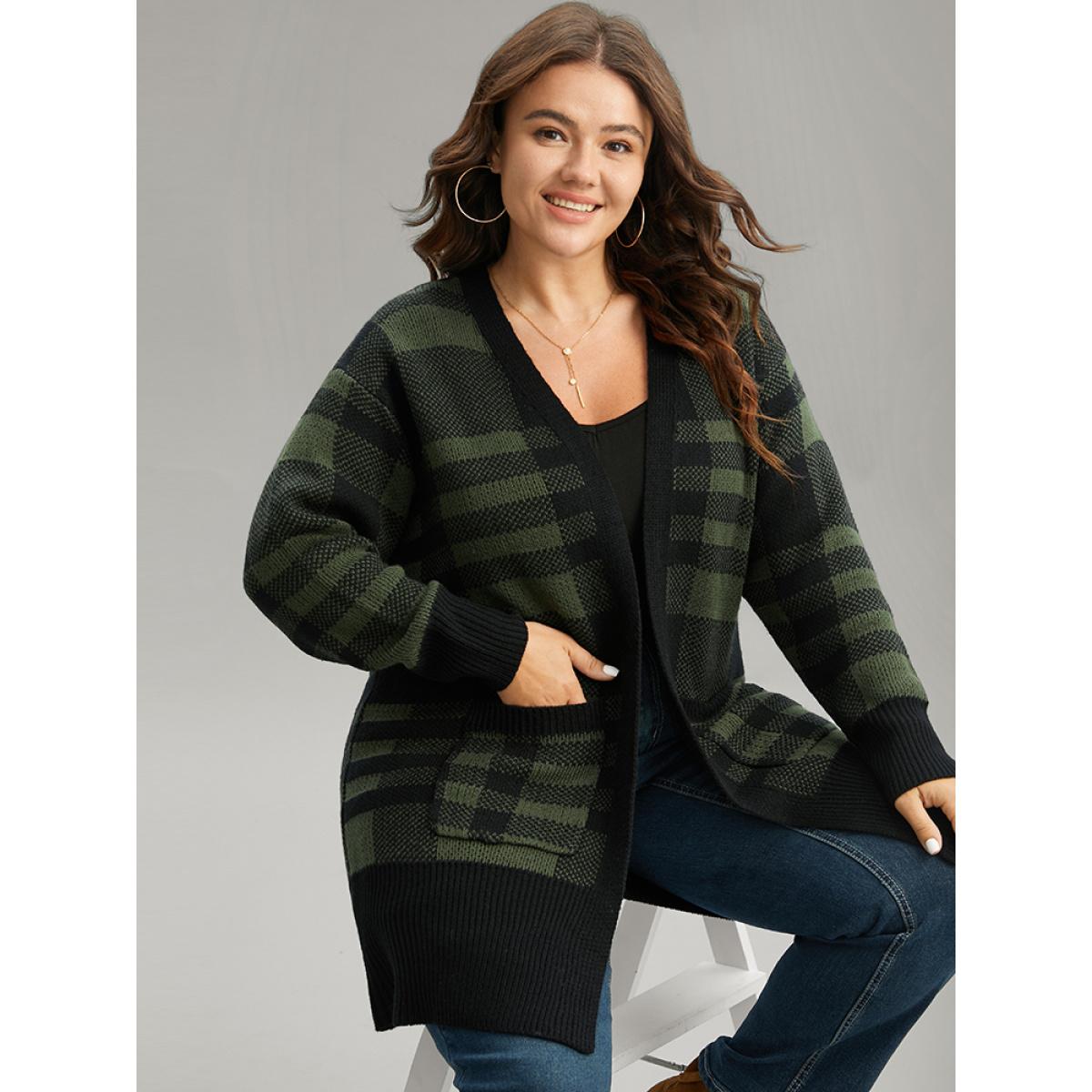 Plus Size Plaid Patchwork Split Side Open Front Cardigan DarkGreen Women Casual Loose Long Sleeve Festival-Christmas Cardigans BloomChic 30/6X Product Image