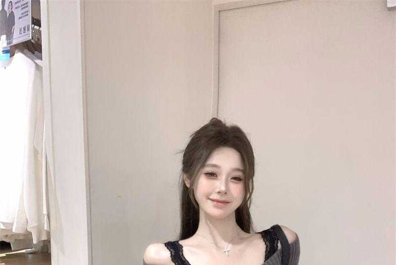 Long-Sleeve V-Neck Melange Knit Top / Lace Tank Top / Plaid Pleated Mini A-Line Skirt Product Image