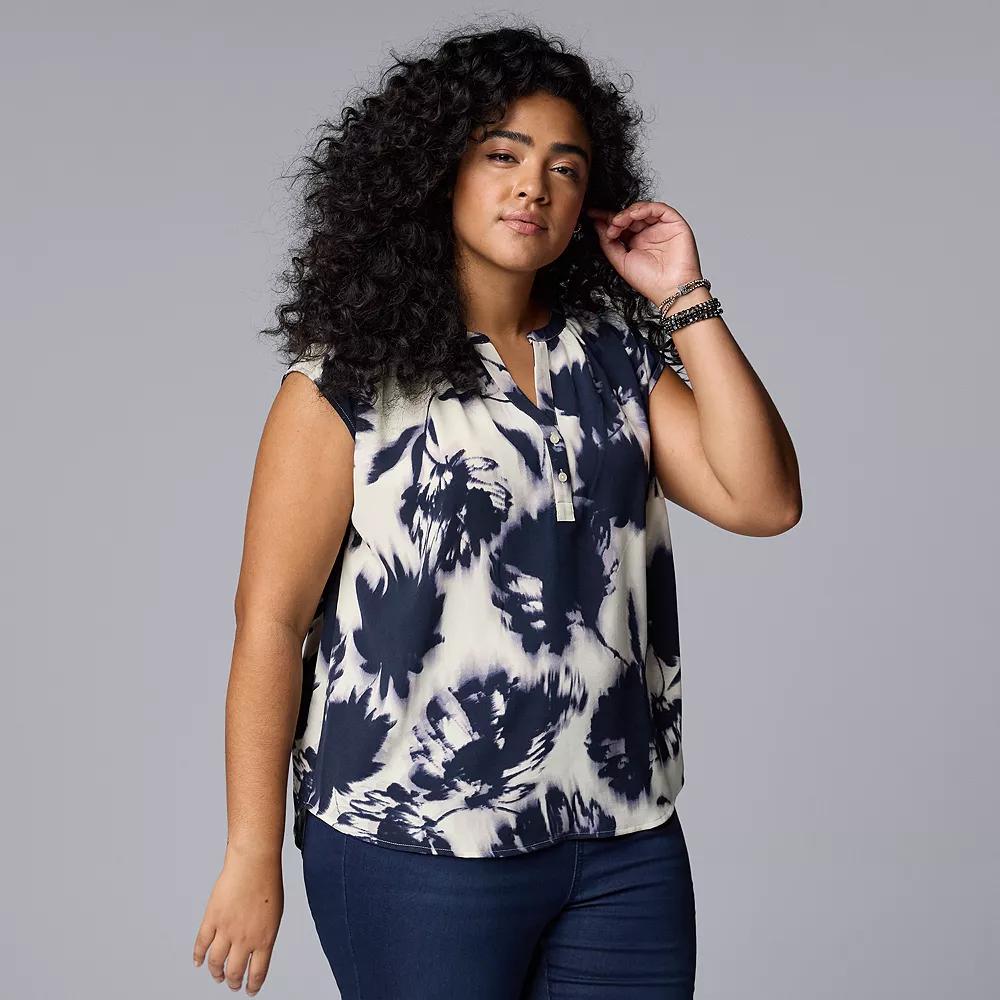 Plus Size Simply Vera Vera Wang Short Dolman Sleeve Popover Blouse, Women's, Size: 0X, Beige Navy Floral Product Image