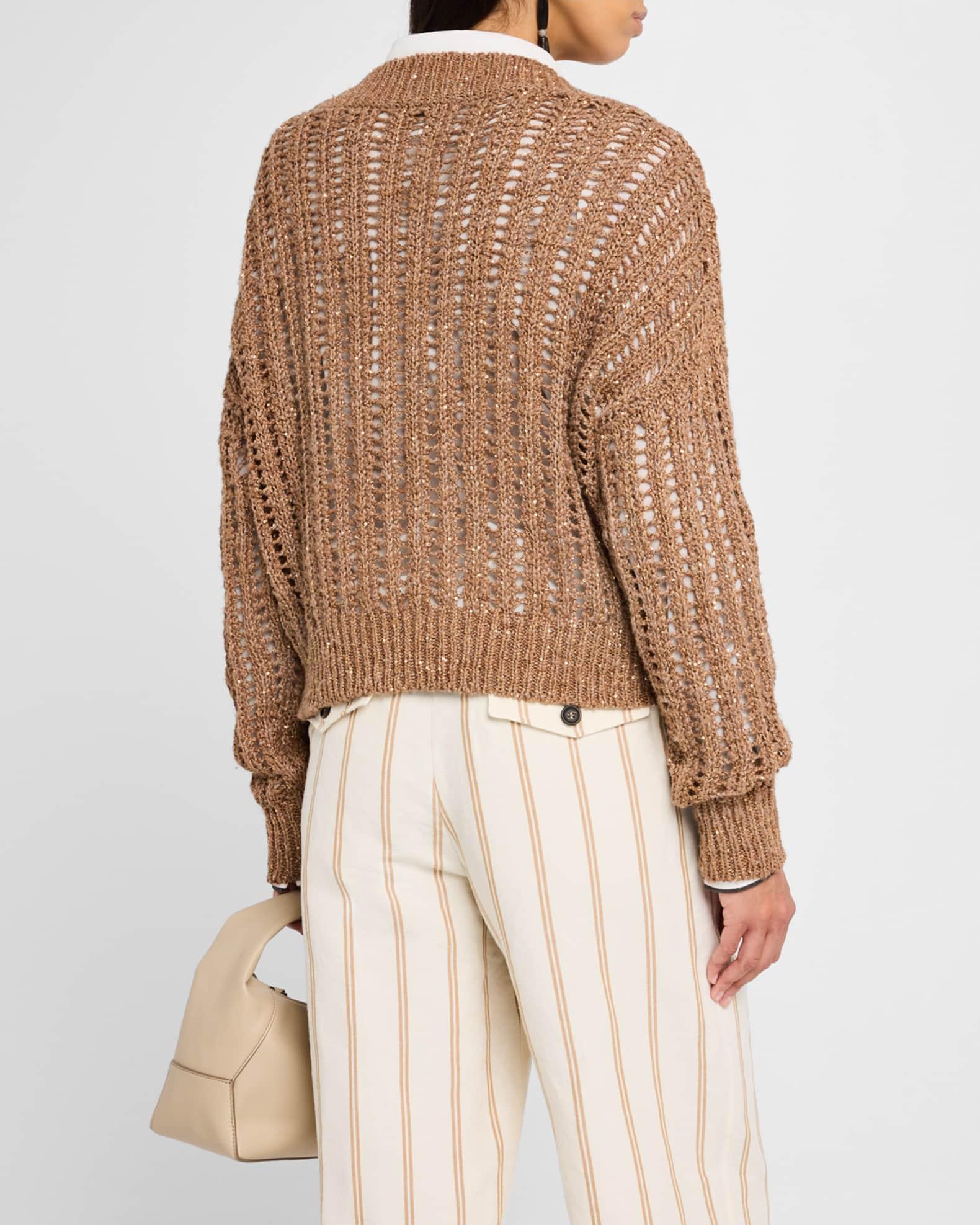 V-Neck Paillette Open-Weave Knit Sweater Product Image