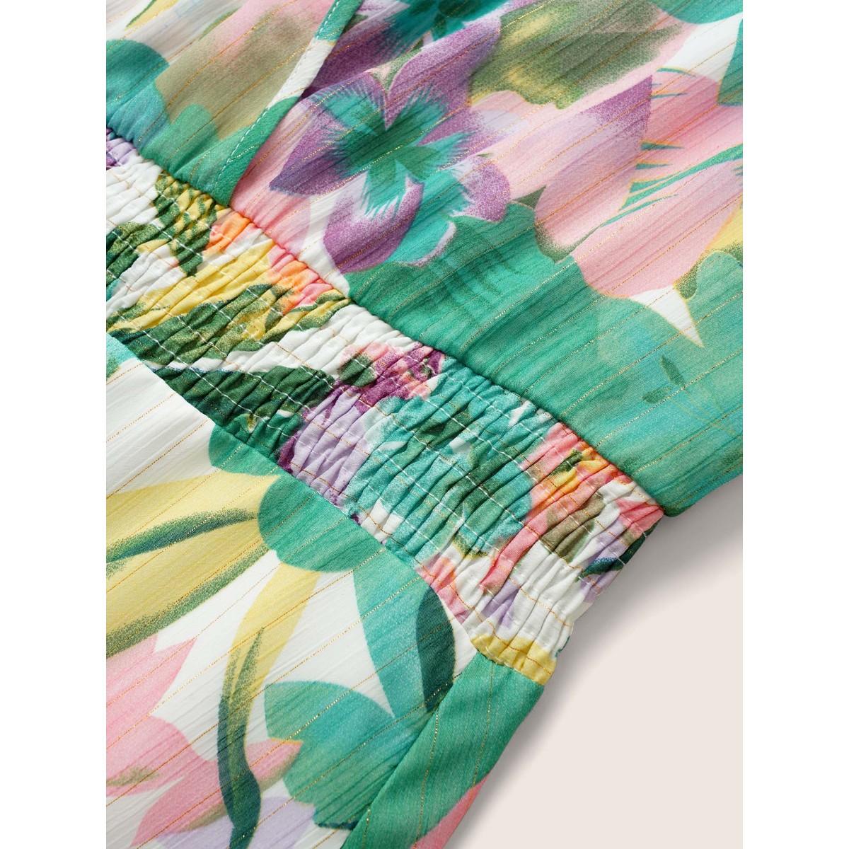 Plus Size Floral Print Overlap Collar Pocket Shirred Dress Green Women Elegant Non Overlap Collar Short sleeve Curvy Midi Dress BloomChic 14-16/1X Product Image