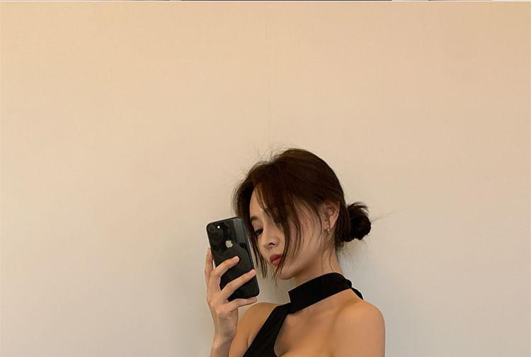 One Shoulder Tie Neck Plain Swimsuit Product Image