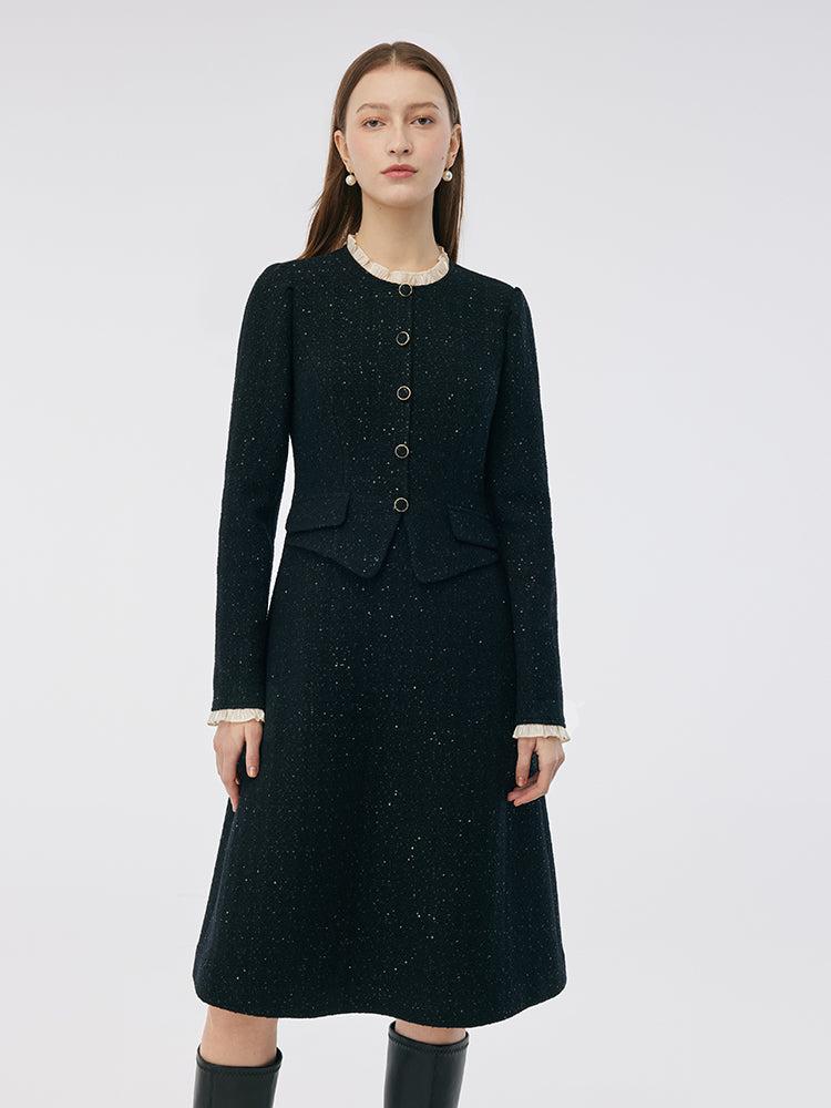 Wool Blend Sequins Tweed Ruffle Collar Women Midi Dress Product Image