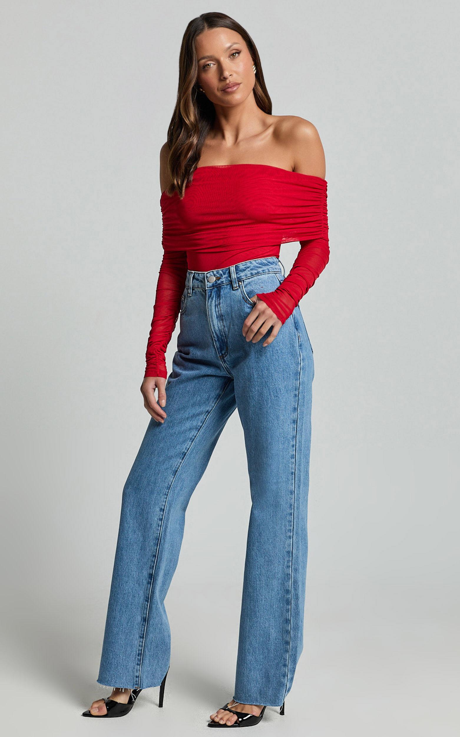 Jaythen Bodysuit - Long Sleeve Off Shoulder Ruched Mesh Bodysuit in Red Product Image