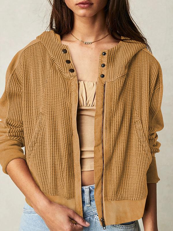 Hooded Long Sleeves Buttoned Pockets Split-Joint Zipper Hooded Outerwear Product Image