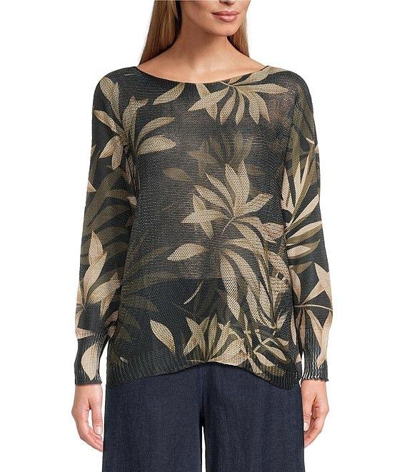 M Made in Italy Leaf Printed Scoop Neck Long Sleeve Knit Top Product Image
