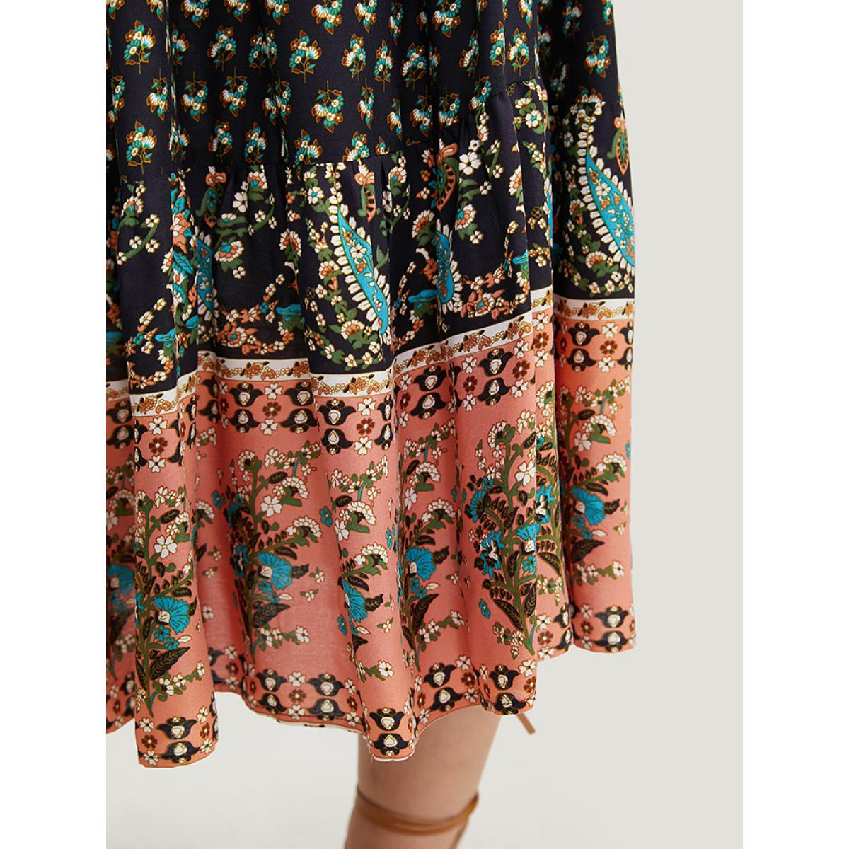 Plus Size Bandana Print Wrap Shirred Batwing Sleeve Dress DarkBlue Women Vacation Printed V-neck Short sleeve Curvy Midi Dress BloomChic 10/M Product Image