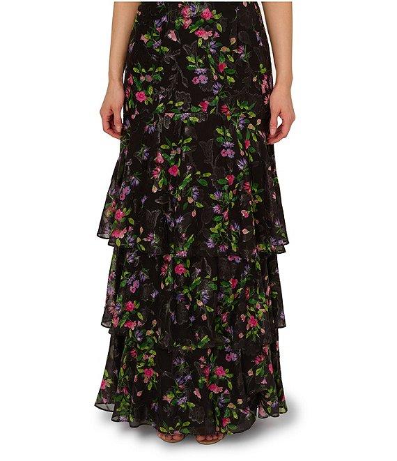 Adrianna Papell Chiffon Floral Print V-Neck Flutter Sleeve Tiered Gown Product Image