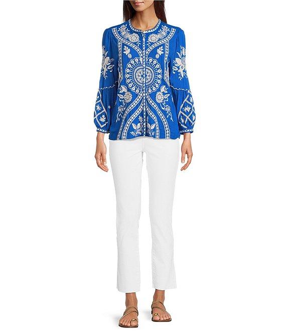 JOHNNY WAS Embroidered Floral Round Neck Long Puff Sleeve Button Front Blouse Product Image