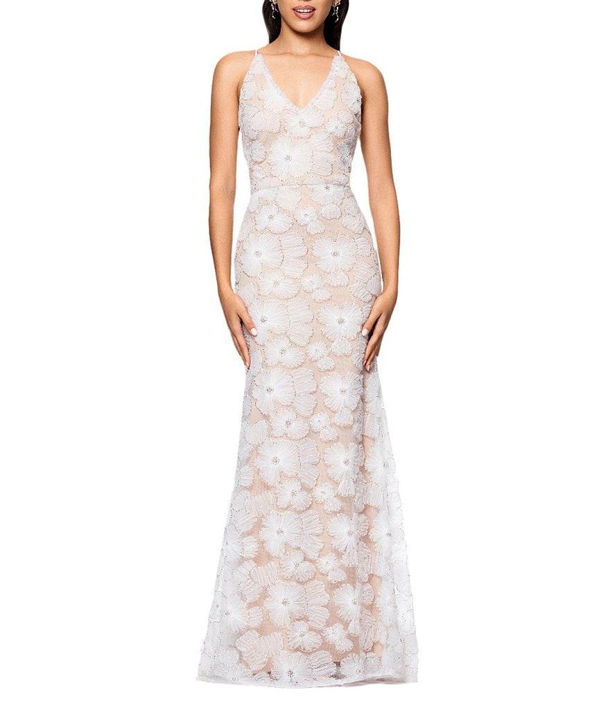Betsy & Adam Soutache Embroidered Beaded Floral Print V Neck Sleeveless Mermaid Gown Product Image