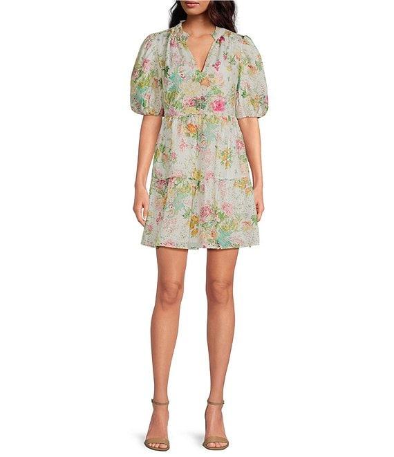 J.Marie Maggie Floral Lace Split V-Neck Long Sleeve Shift Dress Product Image