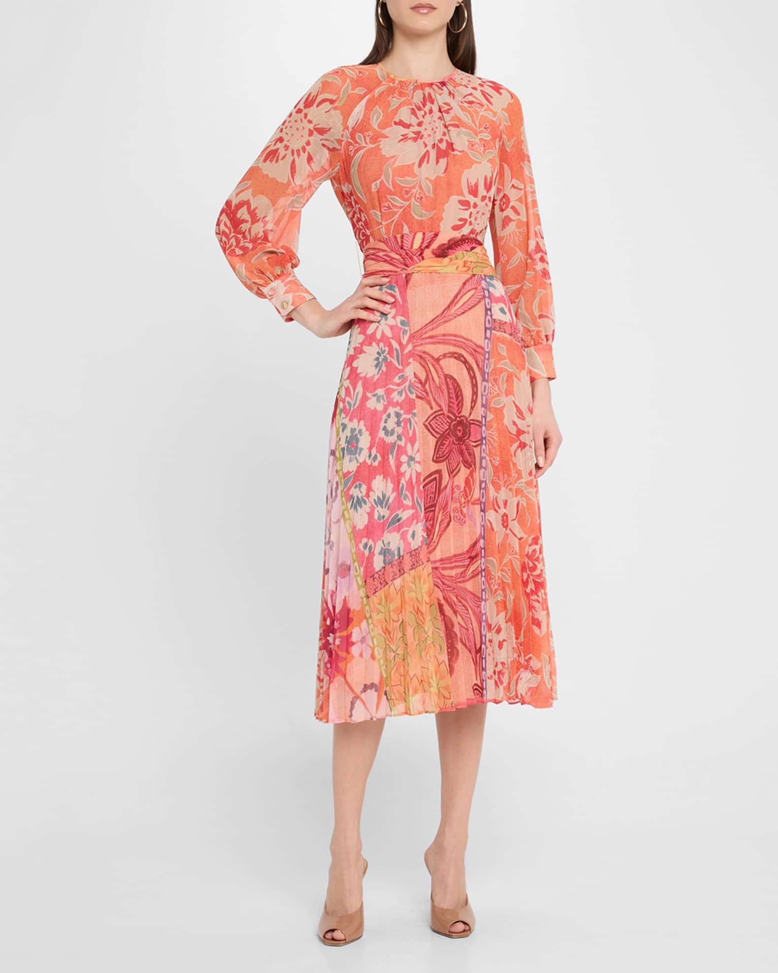 Pleated Patchwork-Print Chiffon Midi Dress Product Image