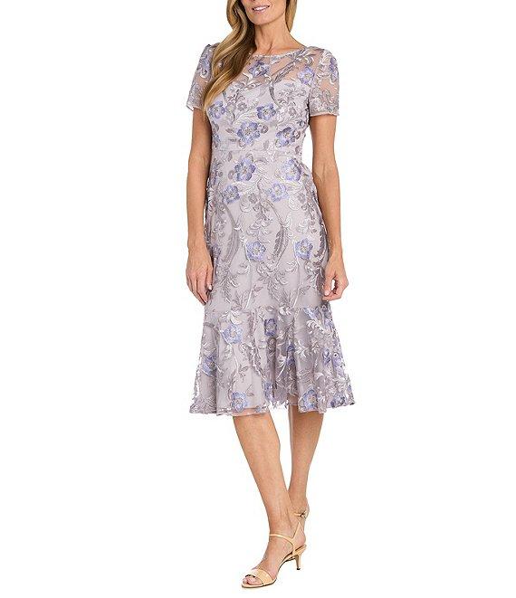 R & M Richards Short Sleeve Illusion Crew Neck Floral Embroidered Flounce Hem Sheath Dress Product Image
