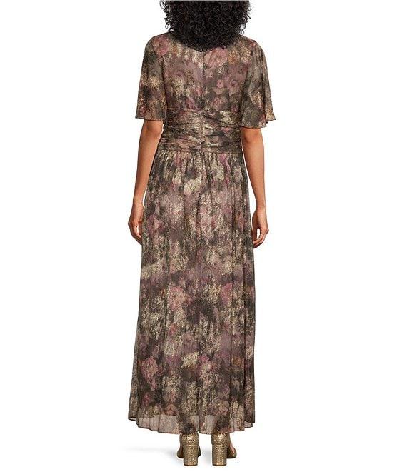 Ignite Evenings Foil Print Shimmer Surplice V-Neck Capelet Short Sleeves A-Line Dress Product Image