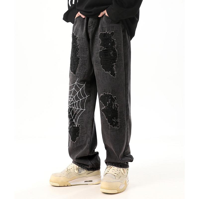 Sopula Vintage Street Spider Web Embroidery Ripped Patch Jeans Product Image