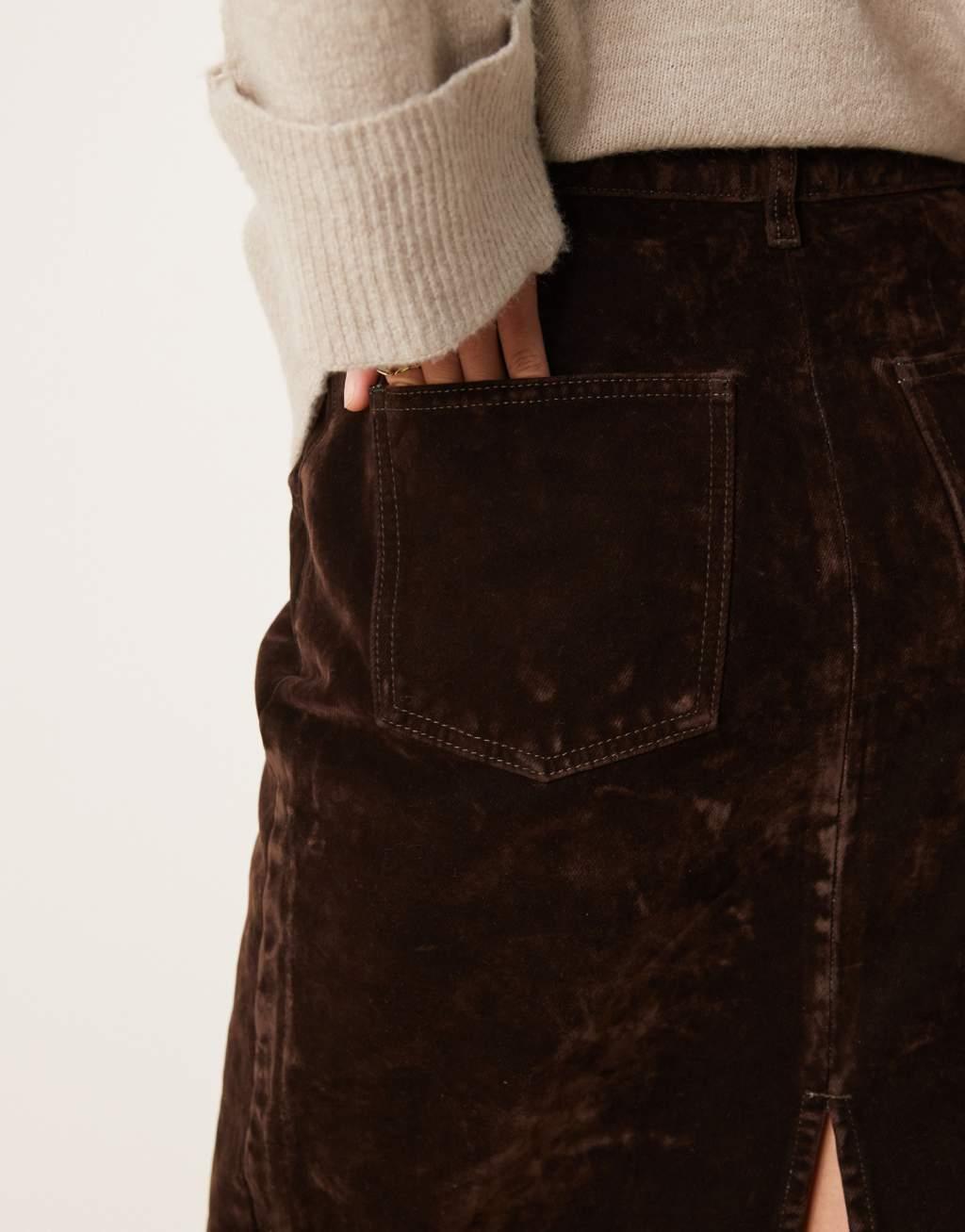 ASOS DESIGN awkward length skirt in flocked denim Product Image