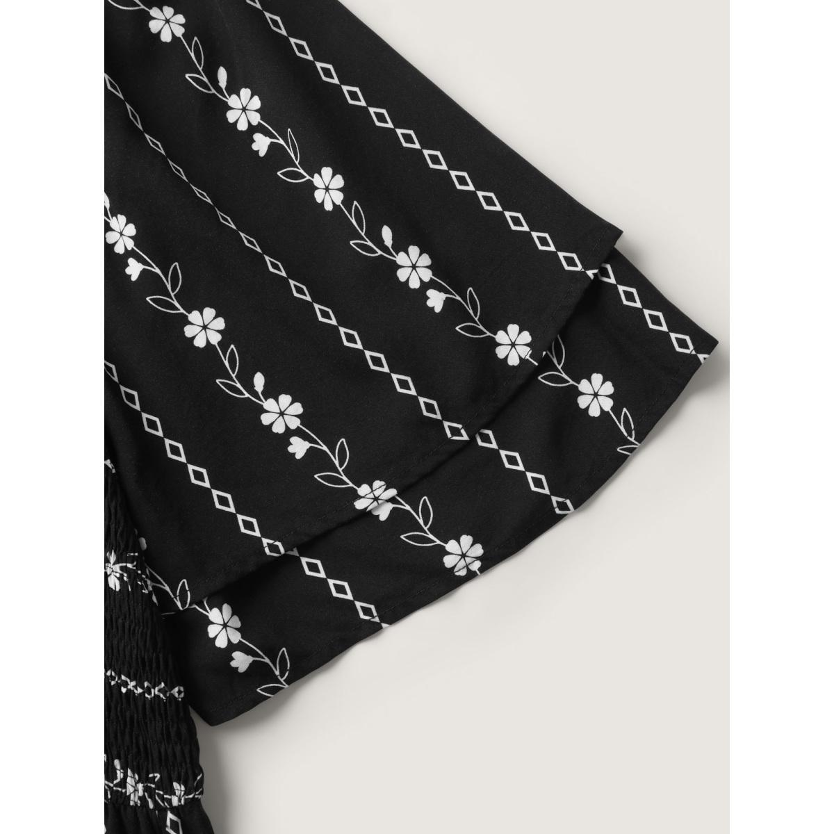 Plus Size Floral Stripes Layered Ruffle Sleeve Midi Dress Black Women Timeless Shirred Square Neck Short sleeve Curvy BloomChic 28/5X Product Image