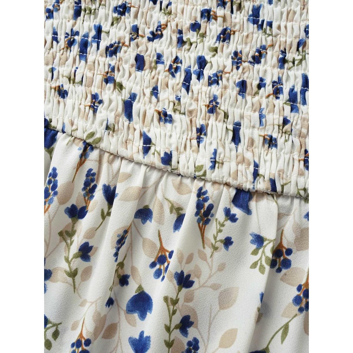 Plus Size Ivory Ditsy Floral Ruffles Shirred Puff Sleeve Blouse Women Elegant Half Sleeve Square Neck Everyday Blouses BloomChic 18-20/2X Product Image