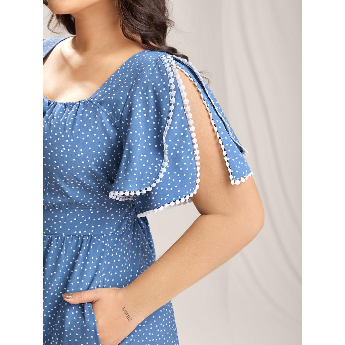 Plus Size Polka Dots Layer Sleeves Keyhole Maxi Dress Stone Women Square Neck Short sleeve Curvy BloomChic 14-16/1X Product Image
