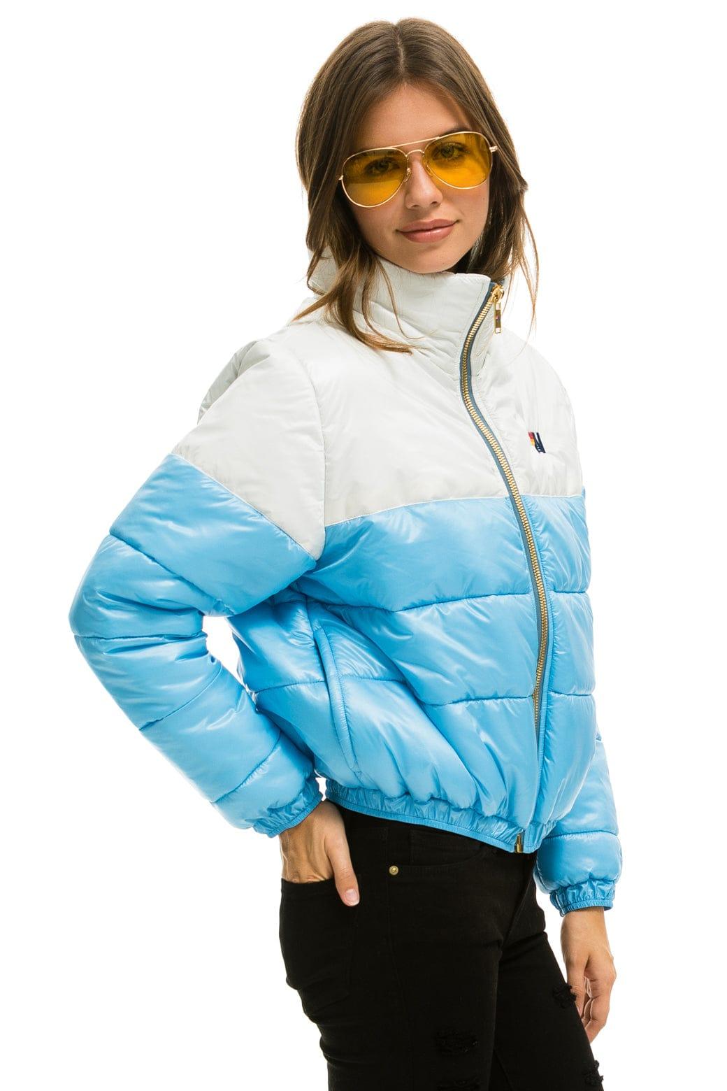 COLOR BLOCK HALF AND HALF APRES PUFFER JACKET - WHITE GLOSSY Female Product Image