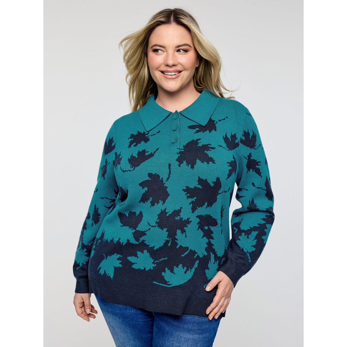Plus Size Crisp Fall Leaf Polo Neck Pullover Cerulean Women Casual Loose Long Sleeve Polo Casual Pullovers BloomChic 30/6X Product Image