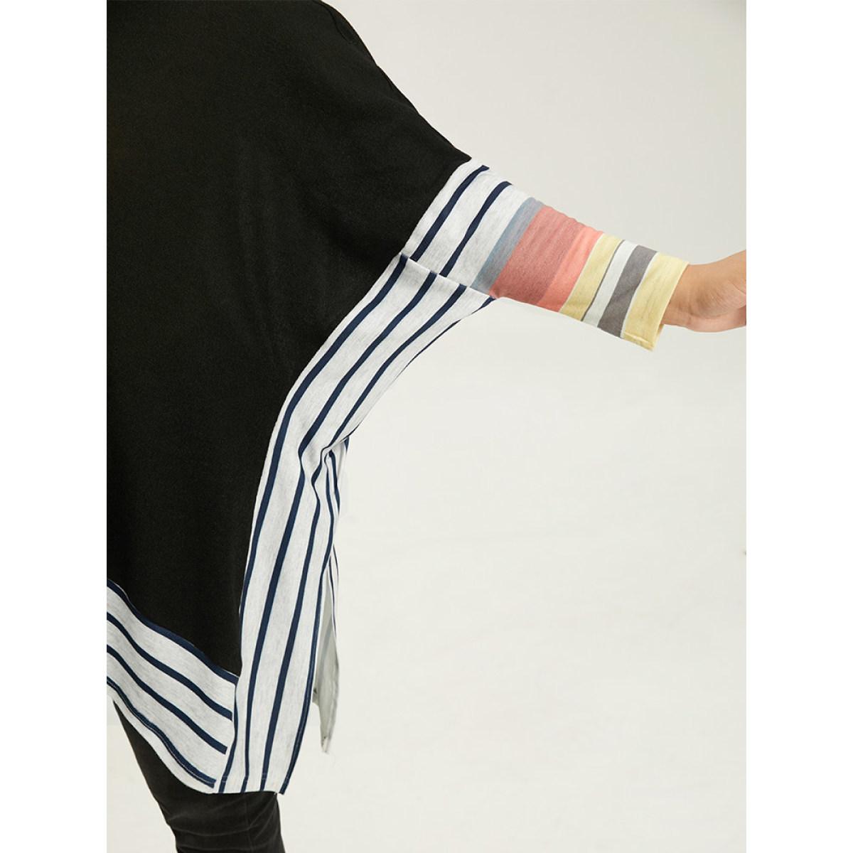 Plus Size Striped Patchwork Colorblock Contrast Crew Neck Sweatshirt Women Black Casual Contrast Round Neck Dailywear Sweatshirts BloomChic 10/M Product Image