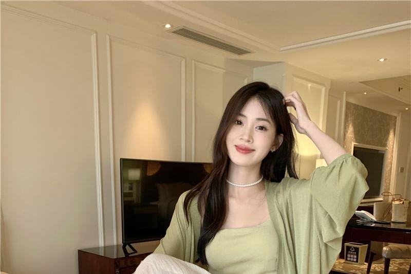 Plain Ruched Camisole Top / Midi Open Front Cardigan / High Rise Plain Maxi A-Line Skirt Product Image