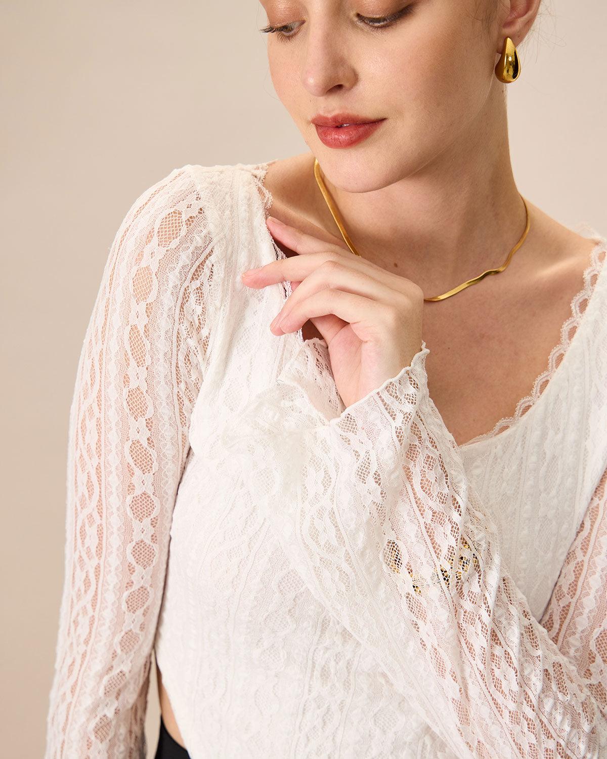 Women's White Lace See-Through Cropped Tee Female Product Image