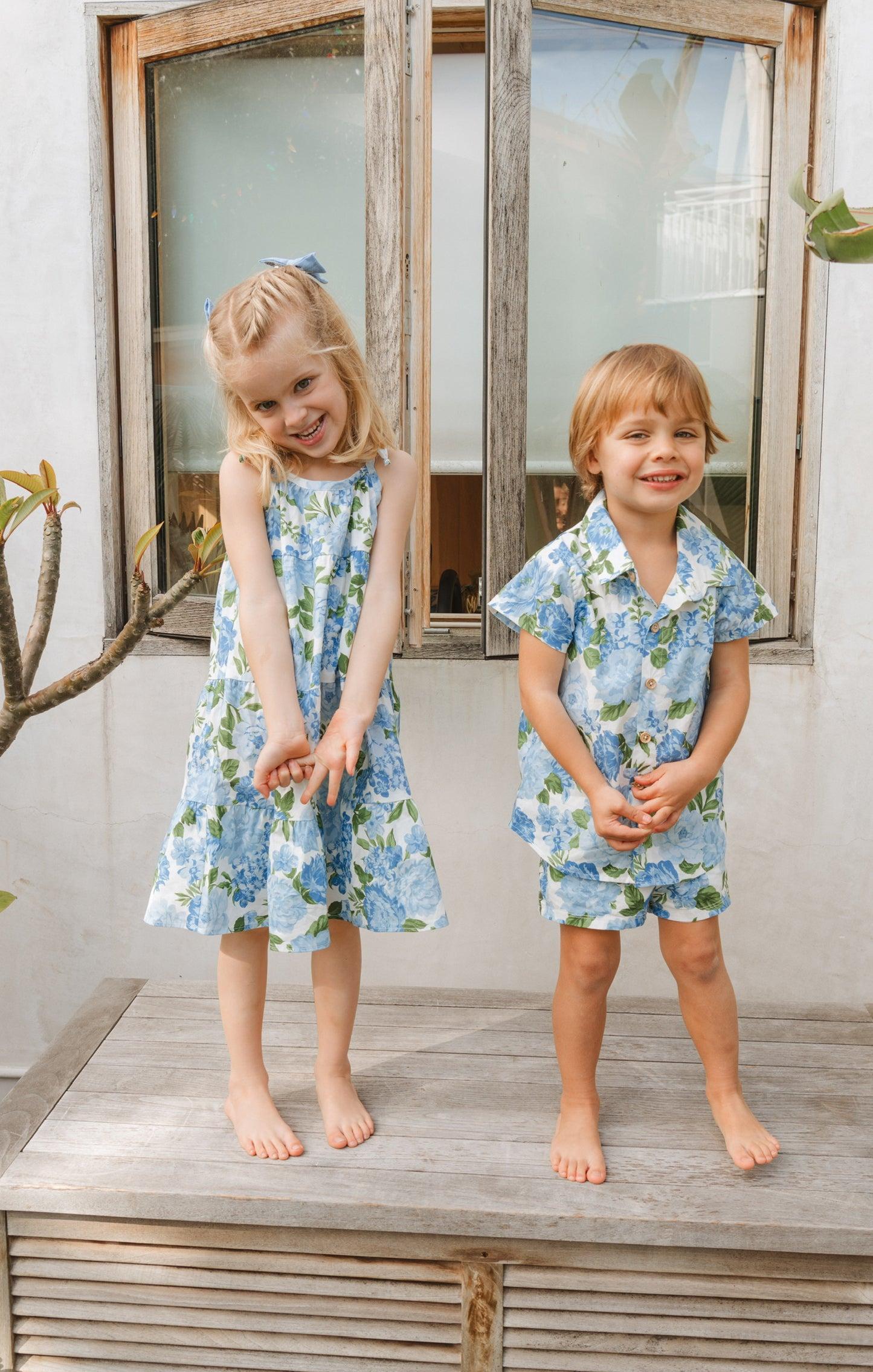 Lil Button Up Shirt ~ Cottage Floral Blue Kids Product Image